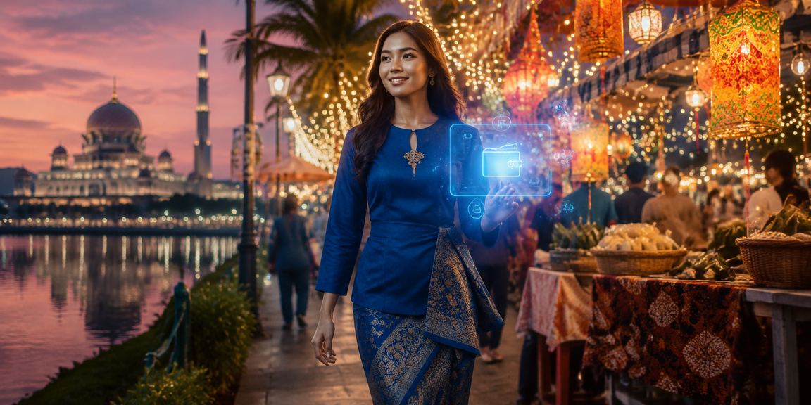 A Malaysian player in baju kurung enjoying an online betting experience in Putrajaya